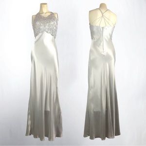 Fiesta Silver Satin Formal Floor Length Gown Sz S